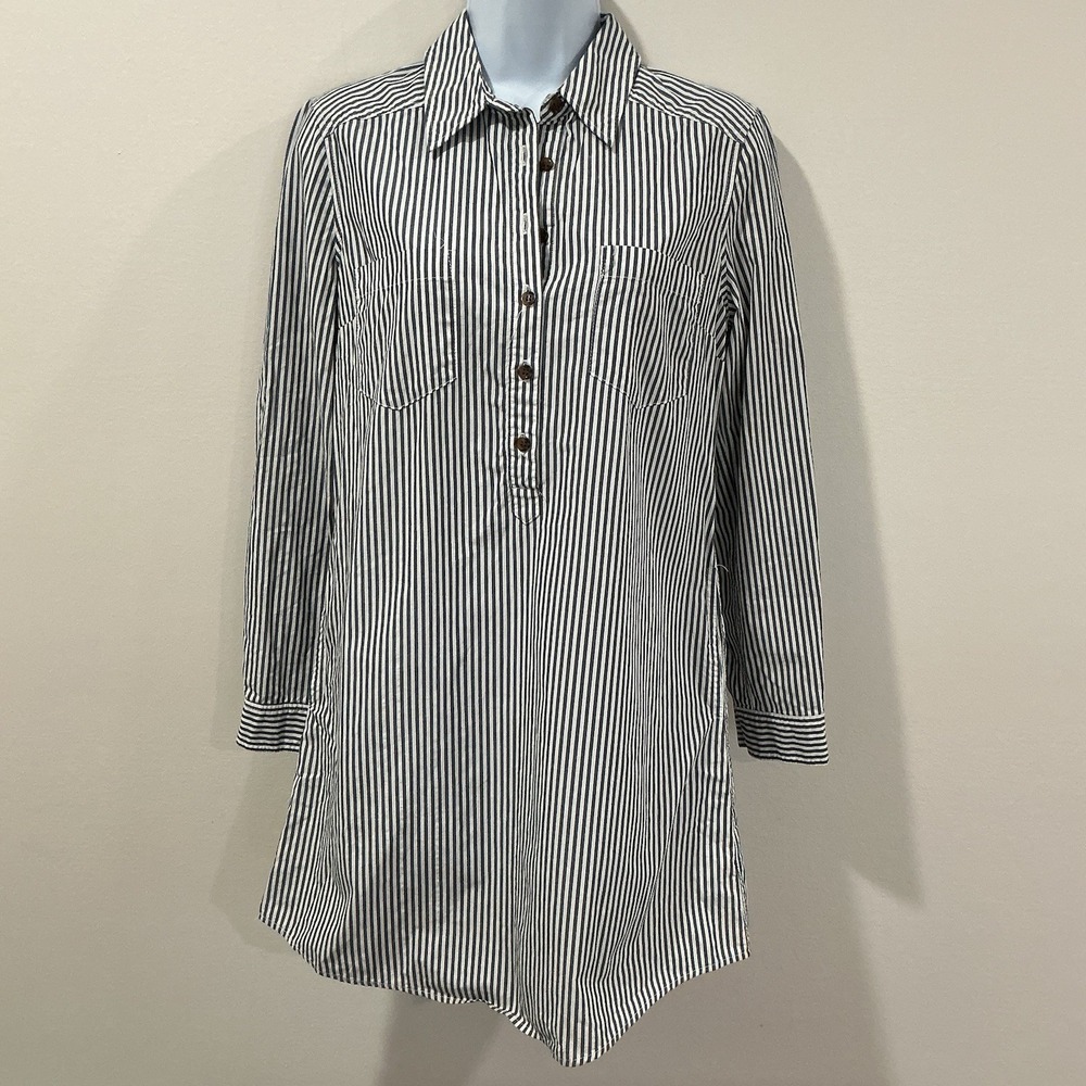 Grey White Striped Womens Medium Roll Tab‎ Shirt Dress Cotton Preppy Casual